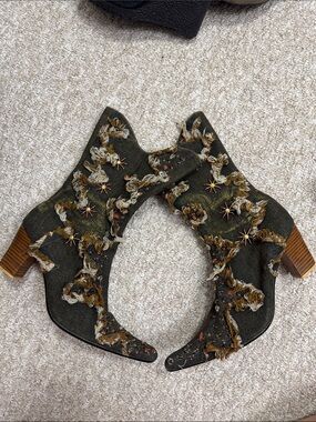 Embellished Dark Olive Textile Western Ankle Boots